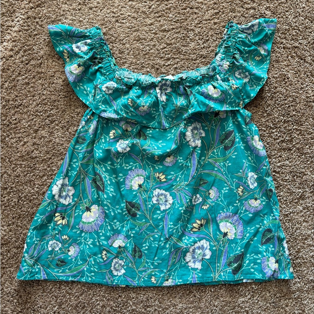 Women’s LOFT Linen Turquoise Floral Print Top Size XL